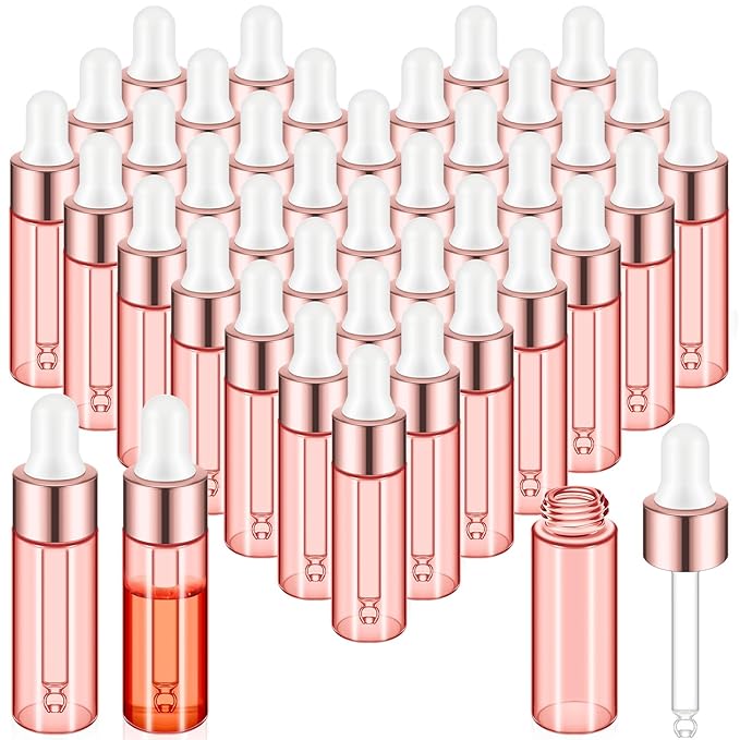 100 Pcs Mini Glass Oil Dropper Bottle Bulk, Clear Essential Small Empty Bottles Sample Containers Perfume Liquid Vials with Cap for Traveling (5 ml,Pink Body)