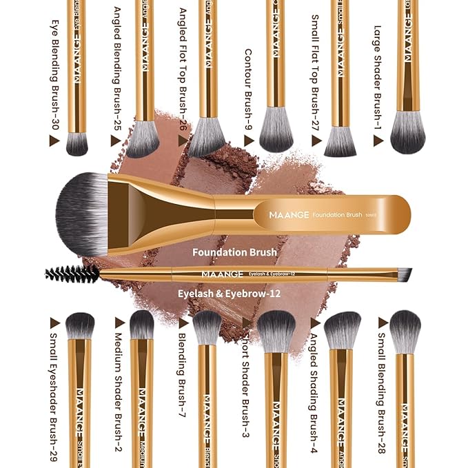 MAANGE 14-Piece Makeup Brush Set with Aluminum Ferrule- Premium Synthetic Makeup Brushes Kit Foundation Brush Eye Shadow for Beginners & Professionals(Gold)