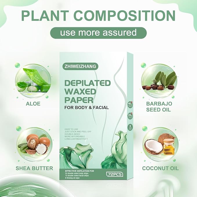 72pcs Wax Strips - Body Waxing Strips, Wax Kit for Women & Men - Brazilian Wax Kit, Back Waxing Kit, All Skin Types, Face, Arms, Legs, Armpits, Bikini, Hypoallergenic Odourless, Green