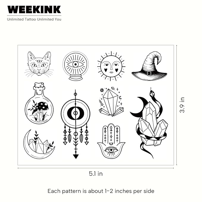 Witchy Temporary Tattoos – Spiritual Crystal, Moon, Cat, Third Eye & Dreamcatcher Fake Tattoos for Women, Healing Boho Body Art, Lasts Up to 2 Weeks