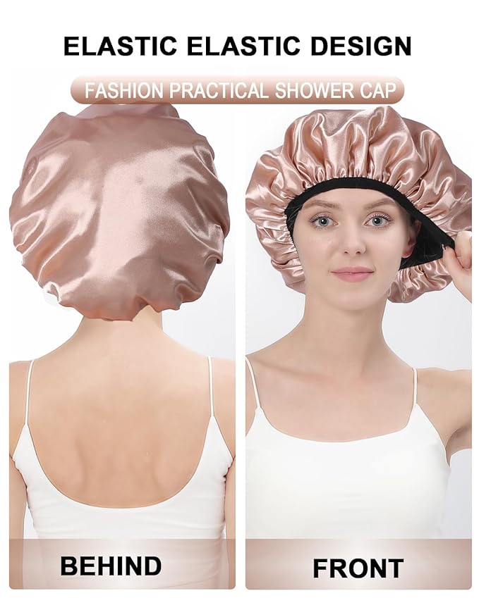 YIZIJIZI Triple Layer Reusable Waterproof Shower Cap for Women Large Terry Lined Hair Cap for Long Thick Hair Travel Bath Care khaki