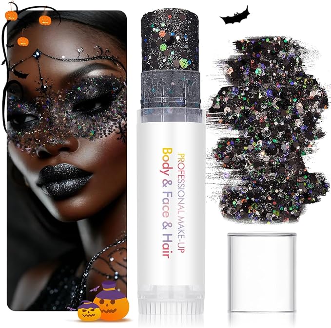 Body Glitter Stick Black Face Glitter Purple Hair Glitter Halloween Face Paint Rave Makeup Glitter Festive Face Gems Christmas Fine Chunky Glitter Stick for Women Girls 2Pack