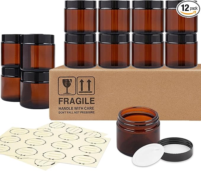 TUZAZO 2 Oz Thick Amber Round Glass Jars with Inner Lids and Black Lids, 12 Pack Small Empty Candle Making Jars/Cosmetic Containers for Lotions, Creams, Body Butters, Essential oil Beauty Products