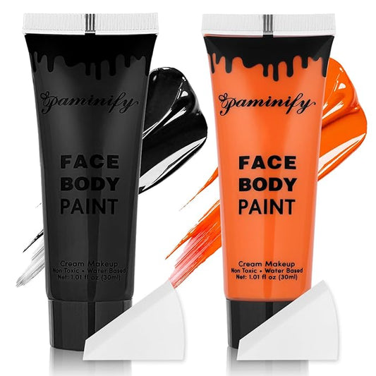 Black Orange Face Body Paint 1.01 oz/pc with 2 Sponges,Water Based Face Paint Kit for Clown Tiger Vampire Pumpkin Cosplay Makeup,Halloween SFX Makeup Cream Face Painting for Kids,2.02 oz