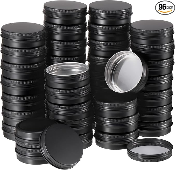Therwen 96 Pcs Aluminum Tin Jars Containers Metal Leak Proof Cosmetic Tin Jars Containers Round Screw Lids Lip Balm Can Empty Refillable Cosmetic DIY Storage (1 x 2.7 Inch,Black)