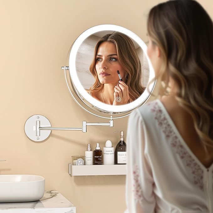 8.5" Wall Mounted Makeup Mirror with Light, 2000mAh Rechargeable Double Sided 1X / 10X Magnifying Vanity Mirror, 3 Color Lights Touch Dimmable 360° Rotation Bathroom Mirror, Chrome