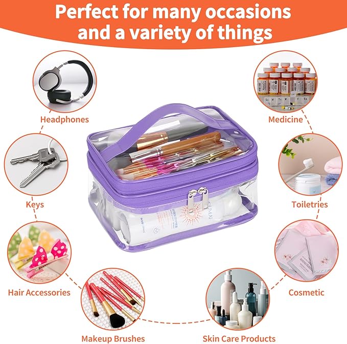 HAOGUAGUA Double Layer Clear Cosmetic Bag Makeup Bag, Waterproof Travel Toiletry Bag, Transparent PVC Pouch Organizer (Purple)