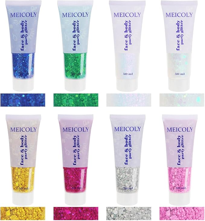 MEICOLY Gold and Clear White Face Body Glitter Set,Gold Face Glitter Gel,Singer Concerts Festival Rave Accessories,Sparkling Sequins Glitter Face Paint for Women and Kids,Chunky Glitter Makeup