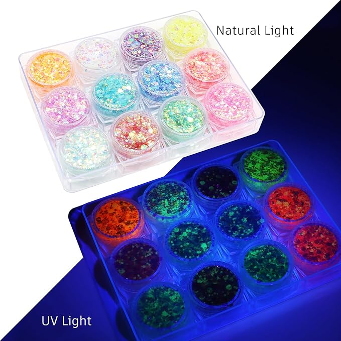 12 Color Glow in The Dark Gel Glitter - UV Black Light Reactive for Face, Body, Eyeshadow, No Glue Needed - Perfect for UV Parties, Festival & Rave Makeup-Glitter for Cosmetic Purposes