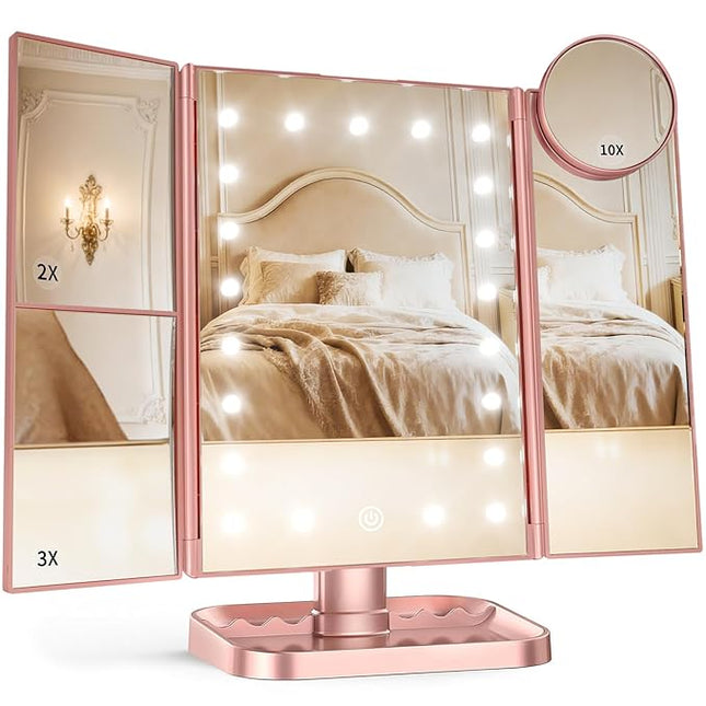 HUONUL Makeup Mirror, Vanity Mirror with Lights, 2X/3X/10X Magnification, Touch Control, Trifold, Dual Power Supply, Valentines Day Gifts for Her,Gifts for Women, Wife, Mom, Girls,Dorm Room Essentials