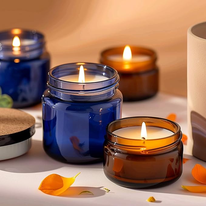 KEYWING 4oz Blue Glass Cosmetic Jars with Black Lids, 24 Pack Empty Small Glass Jars with Inner Liners for Cream, Lotion, Ointments, Powder