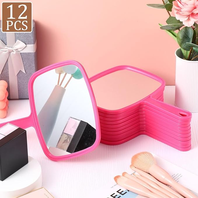 Geetery 12 Pcs Hand Held Mirrors with Handles Hand Makeup Mirrors Bulk Wall Mount for Women Cosmetic Bathroom Home Barber Salon Travel Portable Beauty School Gift, 6.69 x 9.45 Inch (Rose Red)
