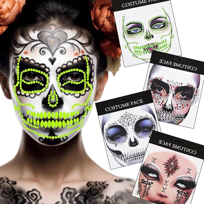 4 Pcs Halloween Face Gems Tattoos,Day of the Dead Face Temporary Skull Halloween Rhinestone Face Jewels Tattoos Body Makeup Stickers for Halloween Rave Party