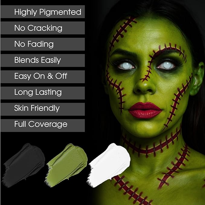 BAD COLOR 3PCS Black White Orge Green Face Body Paint Stick Makeup for Frankenstein/Witch/Grinch/Hulk/Alien/Demon/Evil Clown SFX Cosplay & Dress Up, Full-Coverage Halloween Facepaint Makeup Kit