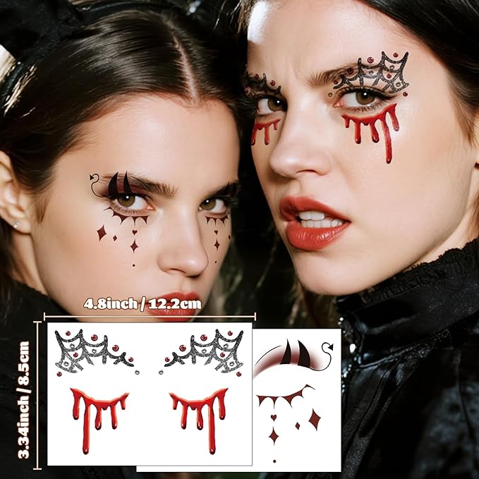 16 Sheets Halloween Face Temporary Tattoo, Spiders Web Bats Skulls Bloody Palm Upper & Lower Lash Realistic Designs Scary Motifs Tattoos for Men & Women Cosplay Party & Festive Face Makeup Decoration