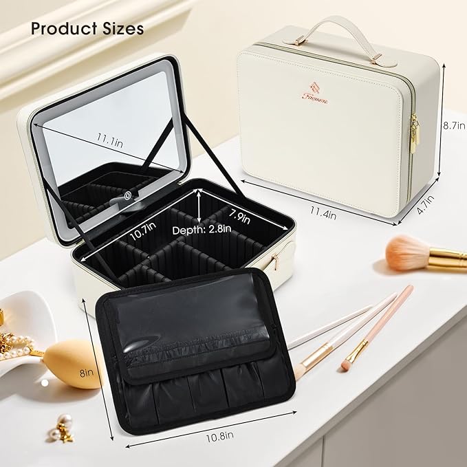 Leather Makeup Case with LED Lighted Mirror 11.4 Inch Travel Makeup Bag Adjustable Brightness in 3 Colors Cosmetic Organizer Artist Storage Bag with Dividers Brush Holder Bag Vanity White