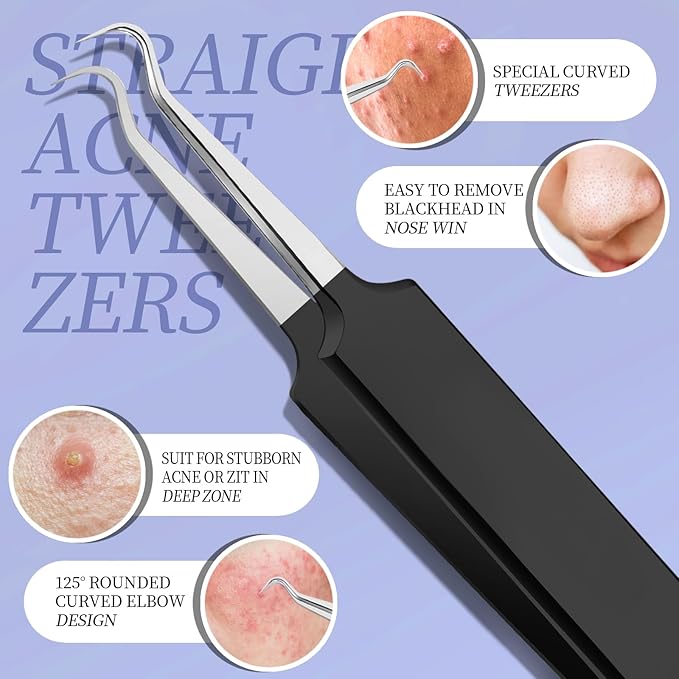 Teenitor Blackhead Remover Tools, Pimple Popper Tool Kit, Ingrown Hair Tweezers, Precision Tweezers, Surgical Grade Blackhead Extractor Pimple Extractor, Black