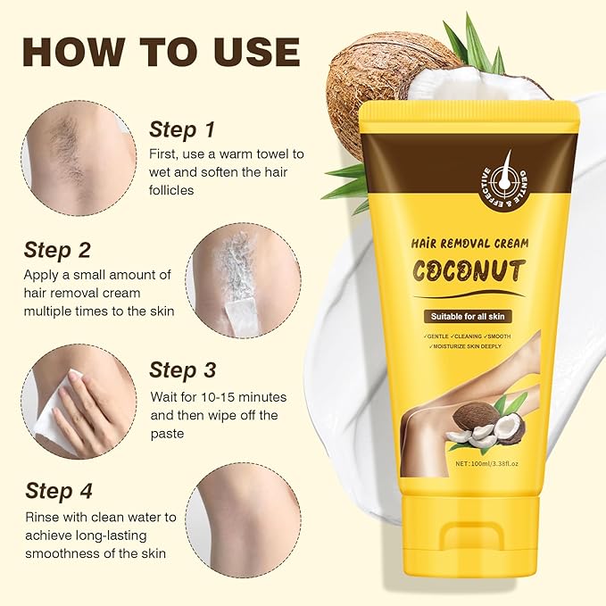 Hair Removal Cream, Legs Hair Removal Creams for Women, Coconut Depilatory Cream for Intimate Areas and Pubic Area, Painless Flawless Depilatory Sensitive Formula Suitable for All Skin Types