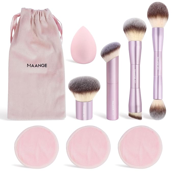 MAANGE 9 PCS Makeup Brush Set Foundation Brush Double Makeup Brushes for Blending Liquid Powder Concealer Cream Blush Buffe Contour Make up Brush Kit (Pink)