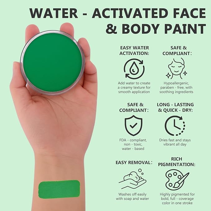Green Face Body Paint Kit for Kids & Adults, Non-Toxic Water-Based Professional Face Painting Palette with Brushes for Halloween Clown Goth Vampire SFX Makeup, Art Stage Cosplay Parties