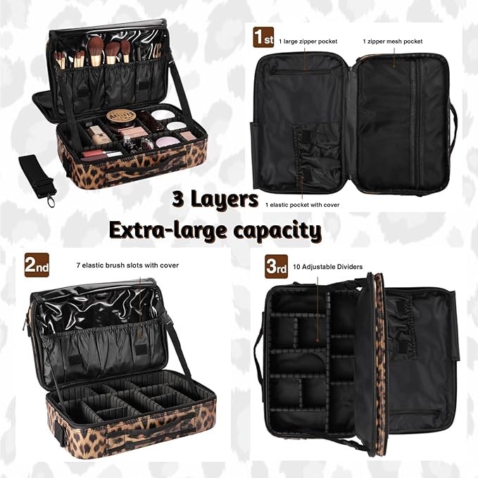 Makeup Case Large Travel Makeup Bag 3 Layers Cosmetic Train Case Cosmetic Organizer Brush Holder Waterproof Makeup Storage Bag with Adjustable Dividers and Shoulder Strap (Leopard)