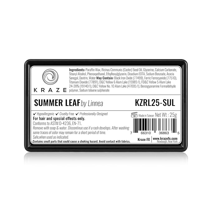 Kraze FX Dome Stroke - Summer Leaf by Linnea (25 gm), Professional 1-Stroke Split Cake, Hypoallergenic, Non-Toxic, Water Activated Face & Body Painting Makeup Supplies for Kids Safe Adults