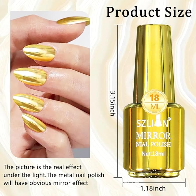 SIUSIO 18ml Mirror Nail Polish, Bright Colorful Metallic for Nail Art, Longlasting Mirror Effect Glue, Gorgeous Reflective Manicure Lacquers, 0.61 fl oz-Gold