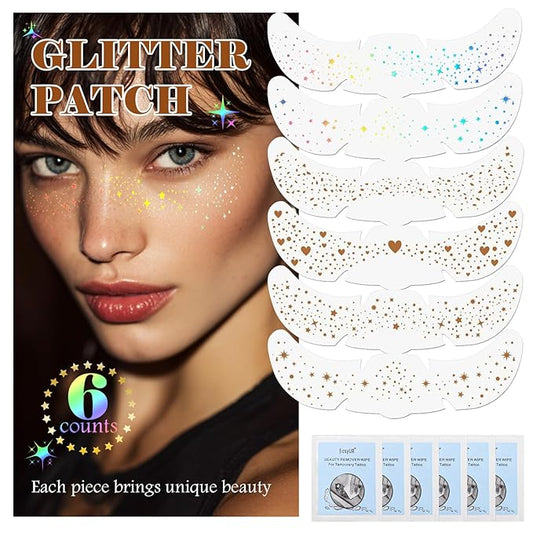 6 pcs Holographic Multicolour Glitter Freckles Face Tattoo, Waterproof Sparkle Face Glitter Speckles Patches for Women, Cute Glitter Temporary Tattoo Makeup Rave Accessories