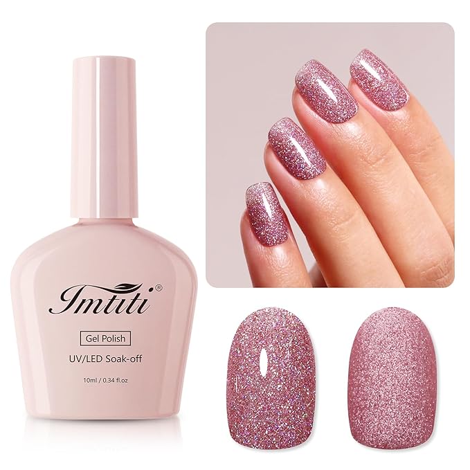 Imtiti Rose Gold Iridescent Glitter Gel Polish - Soak Off LED U V Shimmer Sparkle Nail Gel Polish DIY Nail Art Starter Kit for Women Girls 10ML