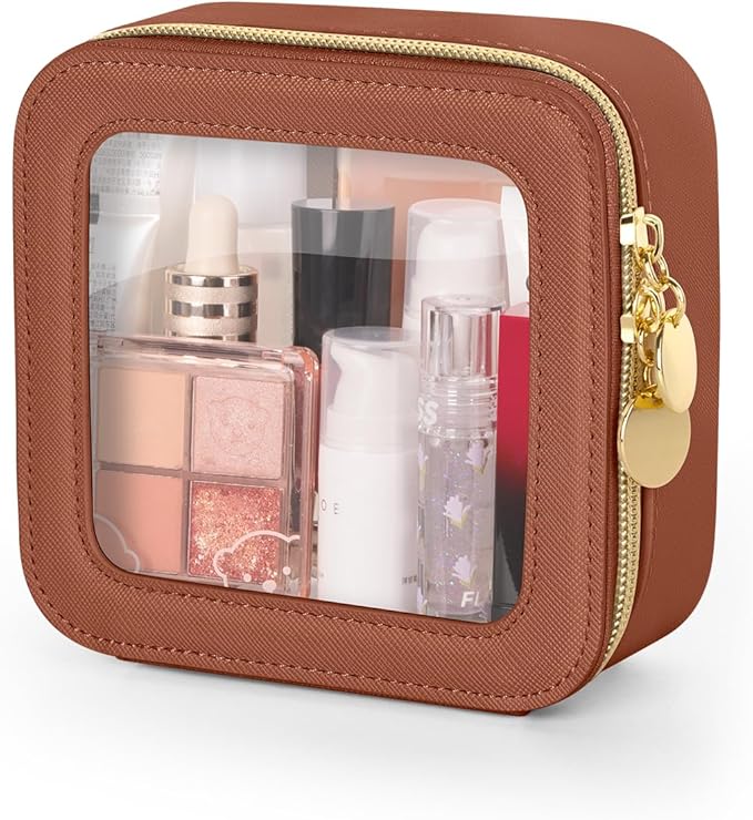 Mini Makeup Bag, Small Makeup Bag for Purse, Waterproof Clear Makeup bag, Leather Cosmetic Bag, Square Make Up Bag Pouch, Toiletry Bag for Travel, Car and Women, Brown