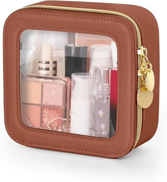 Mini Makeup Bag, Small Makeup Bag for Purse, Waterproof Clear Makeup bag, Leather Cosmetic Bag, Square Make Up Bag Pouch, Toiletry Bag for Travel, Car and Women, Brown