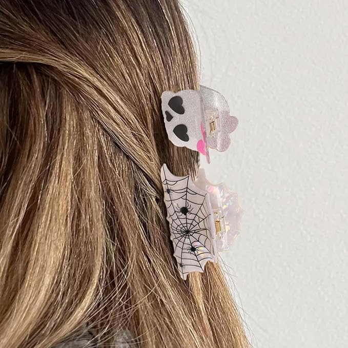 2 Pcs Halloween Hair Claw Clips for Women Girls, White Skull Spider Web Claw Clips, Cute Hair Clips with Glitter Sequin Design, Halloween Hair Accessories for for Thick and Thin Hair