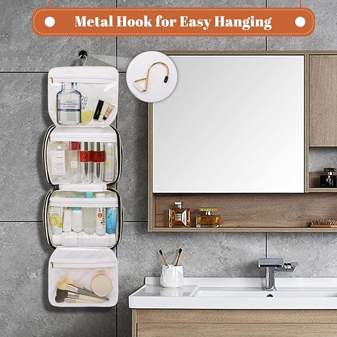 Hanging Travel Toiletry Bag,Large Capacity Cosmetic Travel Toiletry Organizer for Women with 4 Compartments & 1 Sturdy Hook,Perfect for Travel/Daily Use/Christmas