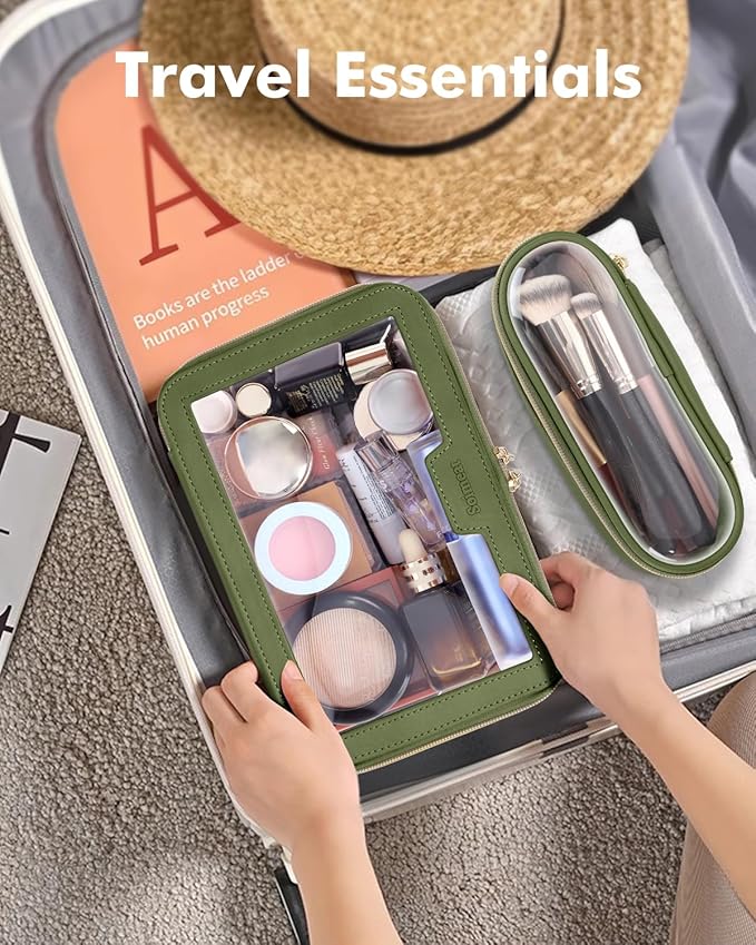 Travel Clear Makeup Bag with Makeup Brush Bag, Leather Makeup Case Toiletry Bag, Portable Cosmetic Bag Case, Transparent Waterproof Cosmetic Organizer Storage Bag for Women, Green