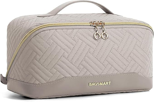 BAGSMART Makeup Bag Cosmetic Bag, Travel Makeup Bag,Water-resistent Makeup Bags for Women Portable Pouch Open Flat Make Up Organizer Bag for Toiletries, Brushes, Tranquil Gray