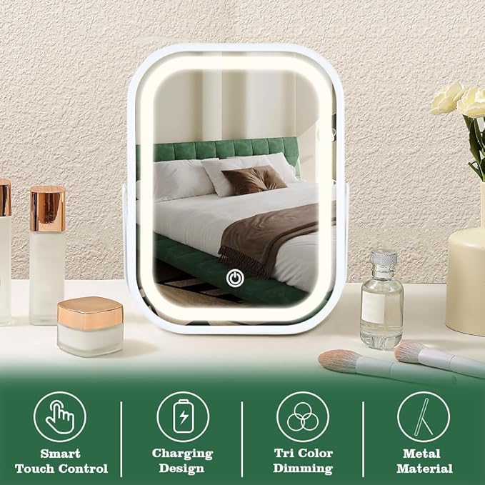 Rechargeable Desk Vanity Makeup Mirror with Lights,8x6 Inch Folding Portable Mirror with Metal Stand Adjustable Rotation,Tavel Make Up Mirror for Table