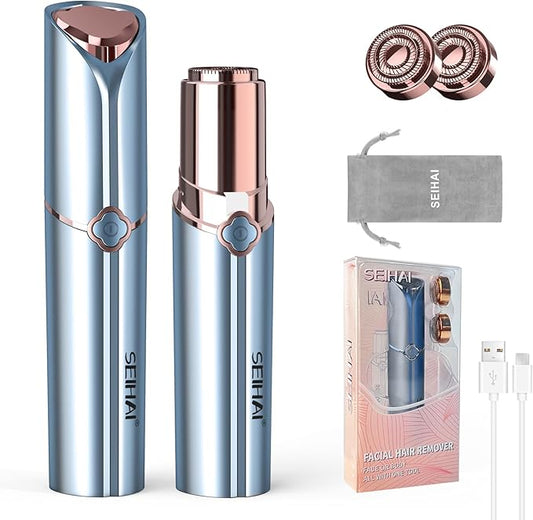 Facial Hair Remover for Women, Rechargeable Face Shavers for Women,Included 2 x Replacement Heads, Upper Lip, Chin, Face Hair Remover Peach Fuzz Remover