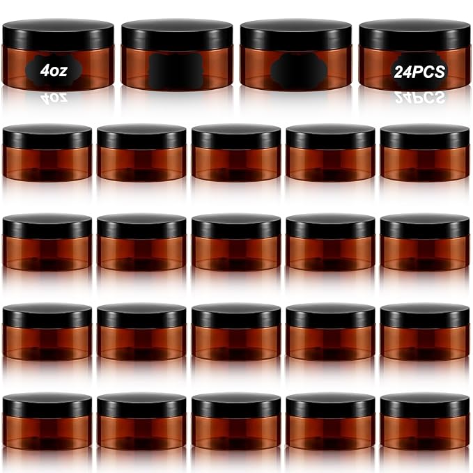 Dandat 24 Pcs 4 oz Plastic Jar Container with Lid and Label Refillable Empty Round Amber PET Cosmetic Sample Containers for Lotion, Cream, Ointments, Body Butter, Makeup, Travel Storage