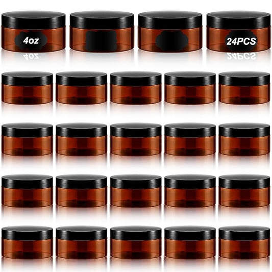 Dandat 24 Pcs 4 oz Plastic Jar Container with Lid and Label Refillable Empty Round Amber PET Cosmetic Sample Containers for Lotion, Cream, Ointments, Body Butter, Makeup, Travel Storage