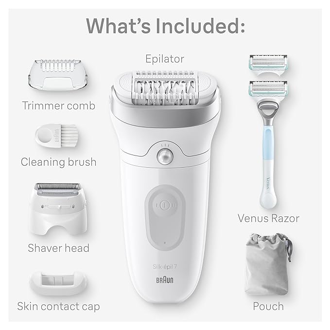 Braun Silk-épil 7 Epilator, Wet and Dry, Wide Head, Includes Venus Intimate Razor, Shaver Head and Trimmer Comb, SE7-141