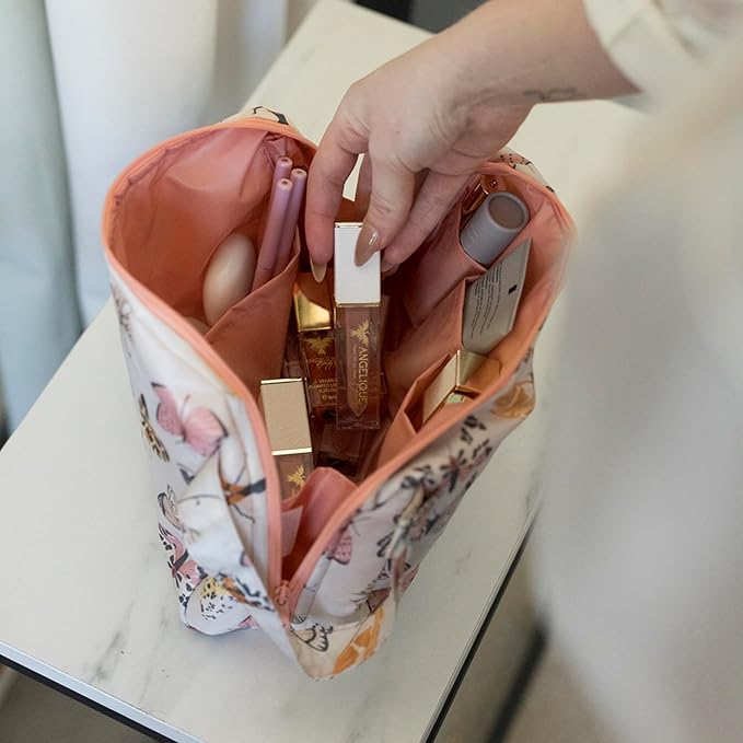 Tiny Twinkle Travel Waterproof Makeup Bag | Travel-Friendly Toiletry Cosmetic Case Organizer with Convenient Carry Handle | Spacious Interior Pouches and Secure Zipper Closure (Flutter)