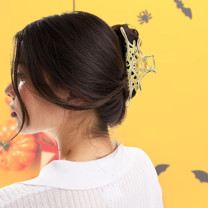 3 Pcs Halloween Claw Clips for Women, Gothic Hair Claws Metal Spider Big Jaw Clamps Hair Accessories for thick Hair Styling Tool Holiday Gifts(Golden)