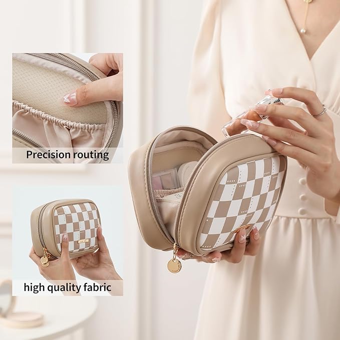 RIGHT AWAY Checkered Makeup Bag for Purse,Small Cosmetic Bag Organizer for Women, Travel Make Up Pouch Waterproof Toiletry Bag Cute Makeup Case for Travel Accessories(Khaki Checkerboard)