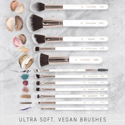 Niré Beauty White 15piece Award Winning Professional Makeup Brush Set: Vegan Makeup Brushes with Case, Makeup Sponge, Cleaner, Guide, Gift Box