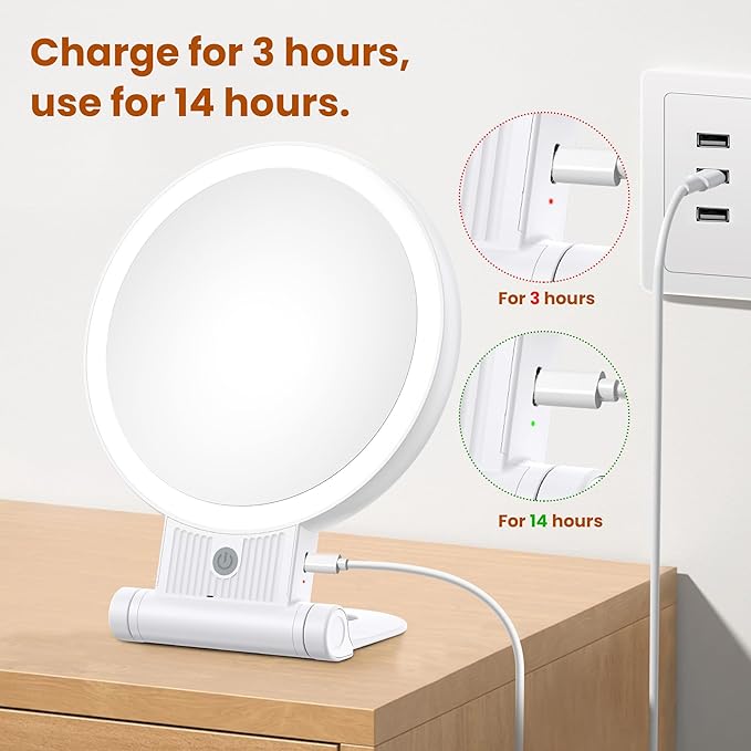 1X/30X Lighted Makeup Mirror with Magnification, Double-Sided Switch, 3-Color Lights, 2000mAh Rechargeable, Adjustable Brightness, Swivel Makeup Mirror with Lights for Vanity or Wall Use