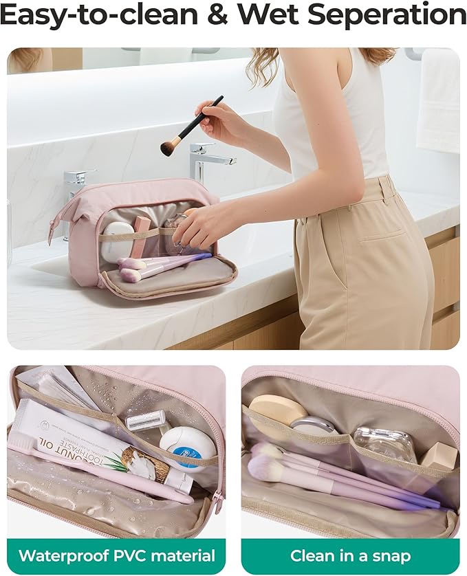 BAGSMART Makeup Bag Travel Toiletry Bag, Puffy Padded Make Up Bags for Women, Makeup Organizer Wide-open Pouch Purse, Travel Essentials for Toiletries Accessories Brushes, Dark Pink