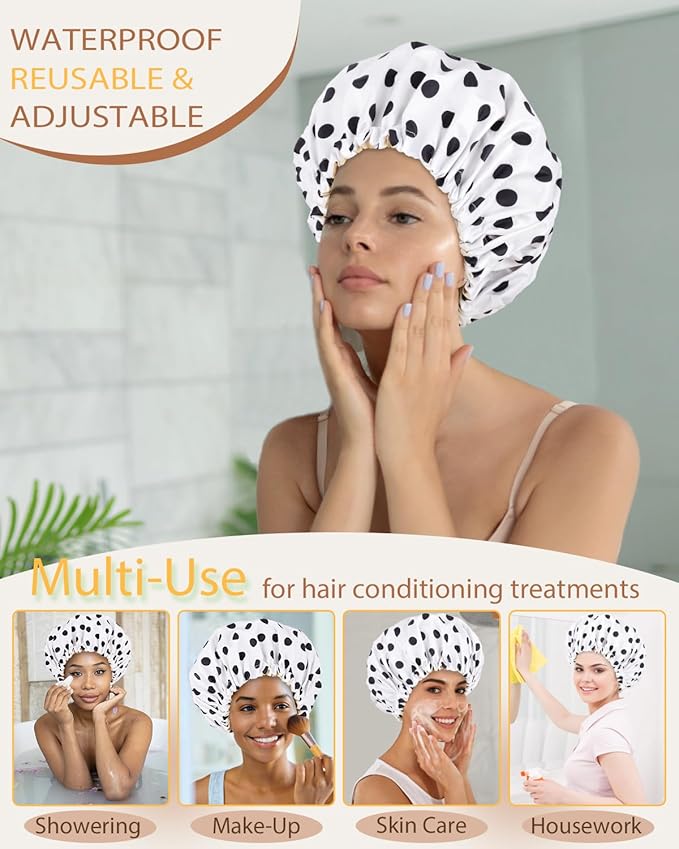 Shower Cap Large Shower Caps for Women Reusable Waterproof with Adjustable Band Double Layer Design Large Luxury Washable Bath Hair Bonnet (Black Dot)
