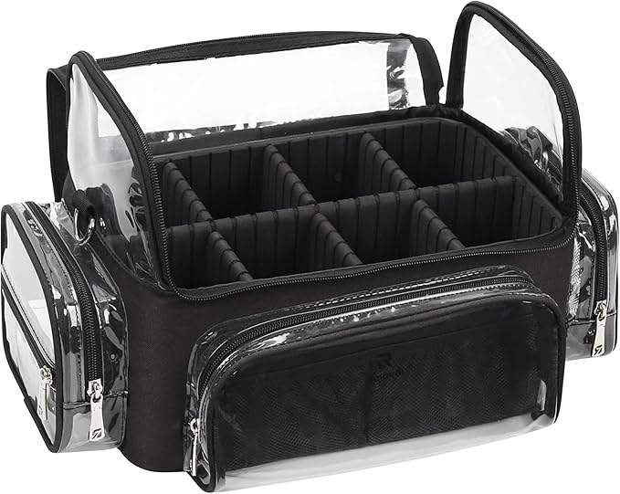 Makeup Brush Case, Clear Extra Large Cosmetic Organizer Holder Professional Makeup Artist Train Case with Adjustable Dividers&Strap Portable Makeup Brush Holder (02A-Black（XX Large）)
