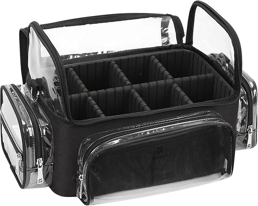 Makeup Brush Case, Clear Extra Large Cosmetic Organizer Holder Professional Makeup Artist Train Case with Adjustable Dividers&Strap Portable Makeup Brush Holder (02A-Black（XX Large）)