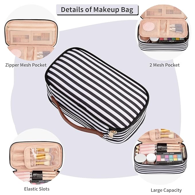 OCHEAL Small Cosmetic Bag,Portable Cute Travel Makeup Bag for Women and girls Makeup Brush Organizer cosmetics Pouch Bags-Black/White Stripes